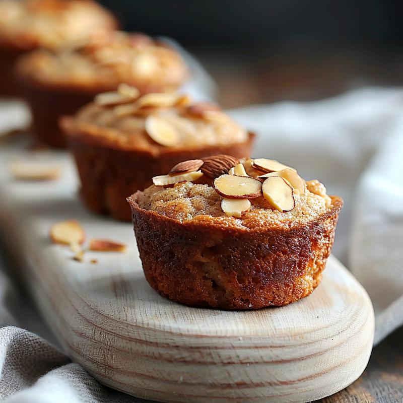 Close-up of almond flour muffins on a wooden board, highlighting their texture and golden-brown color.
