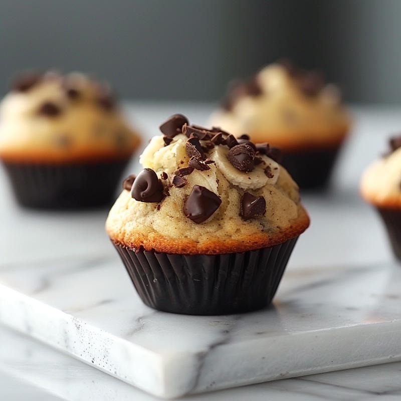 Close-up view of a moist banana chocolate chunk muffin on a white marble surface.
