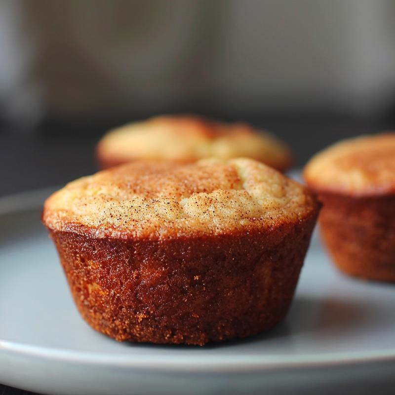 Extreme close-up of a fluffy keto snickerdoodle muffin on a simple light grey plate.