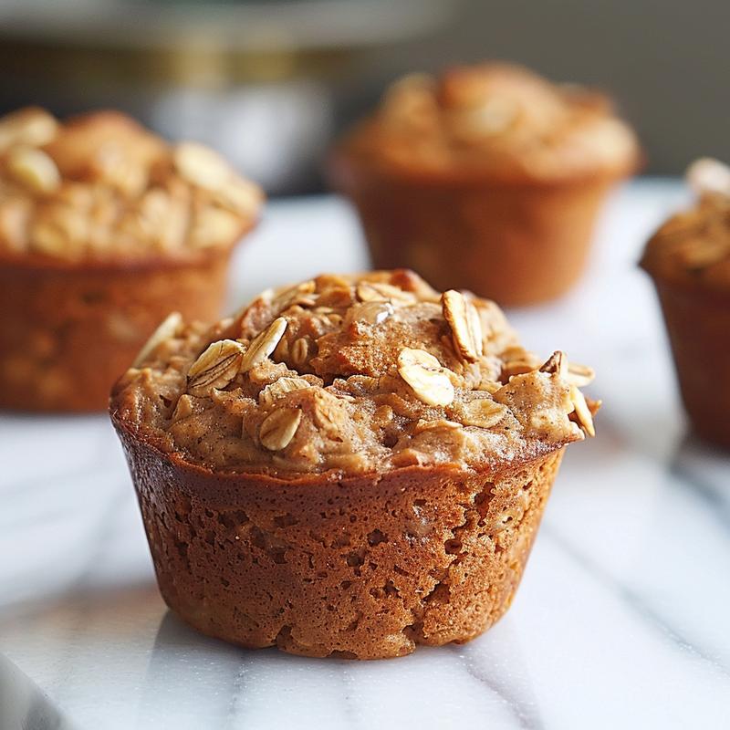 Close-up view of a stack of banana oatmeal muffins on a white marble surface.