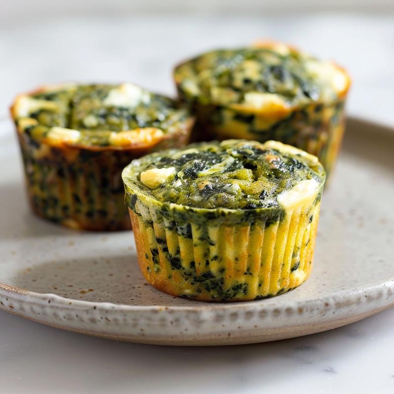 A close-up of keto spinach feta muffins on a light grey ceramic plate, showcasing their texture and details.