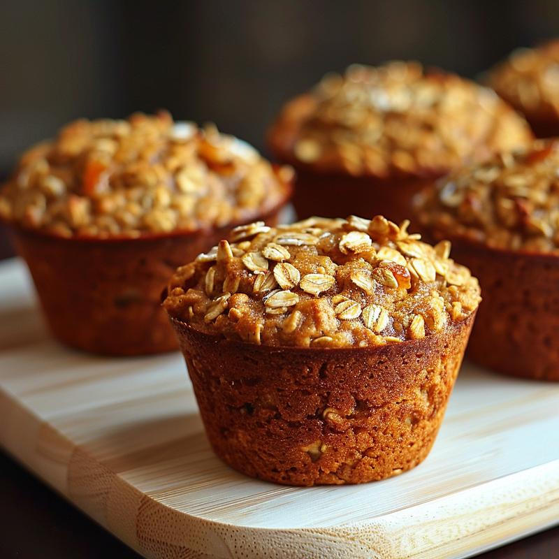 Close-up of golden brown maple oatmeal muffins on a light wood board.