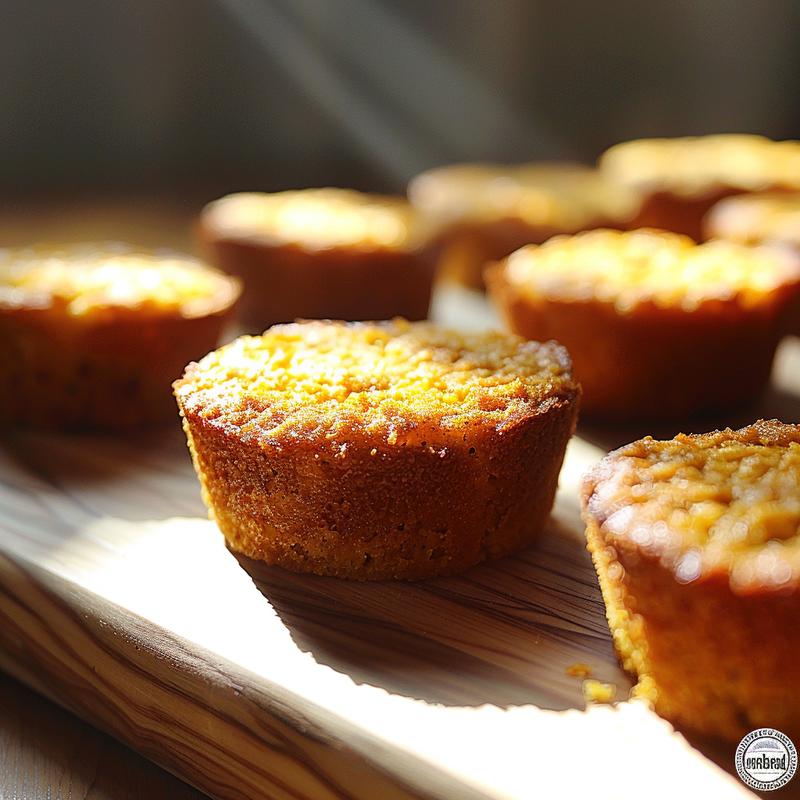 A close-up of gluten-free, dairy-free paleo cornbread muffins on a light wood board.