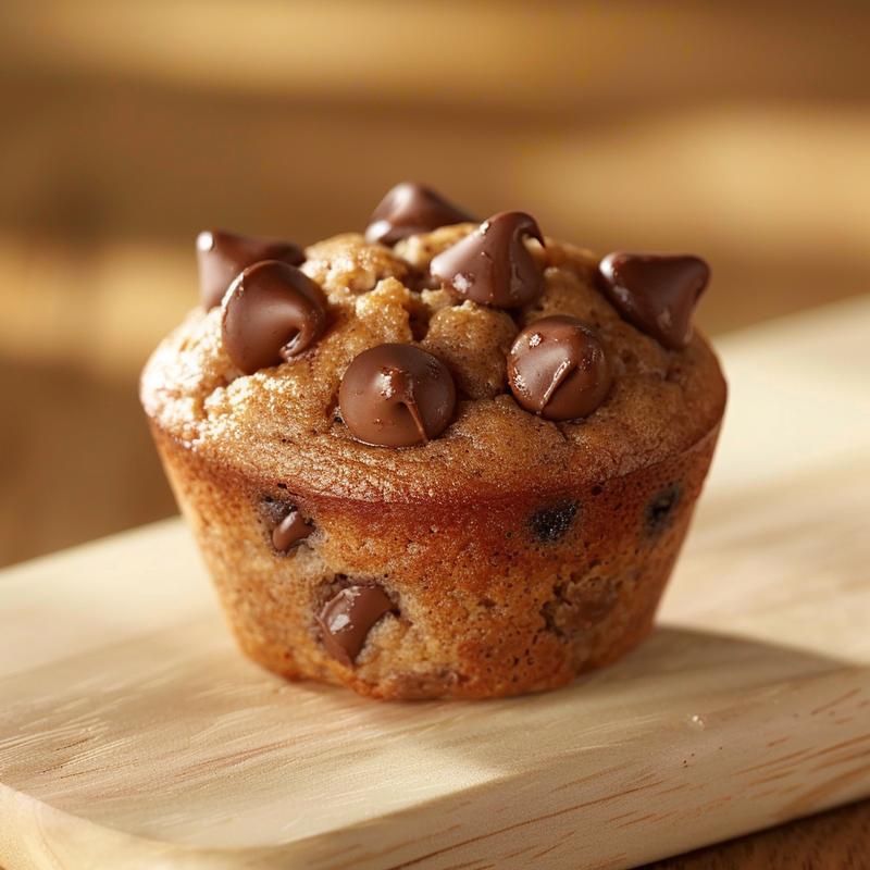 Close-up view of whole wheat chocolate chip muffins on a wooden board.