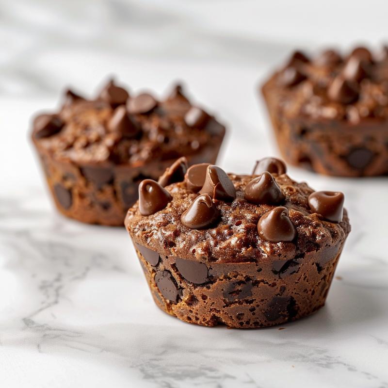 Close-up of healthy chocolate muffins on a white marble surface, showcasing their texture.