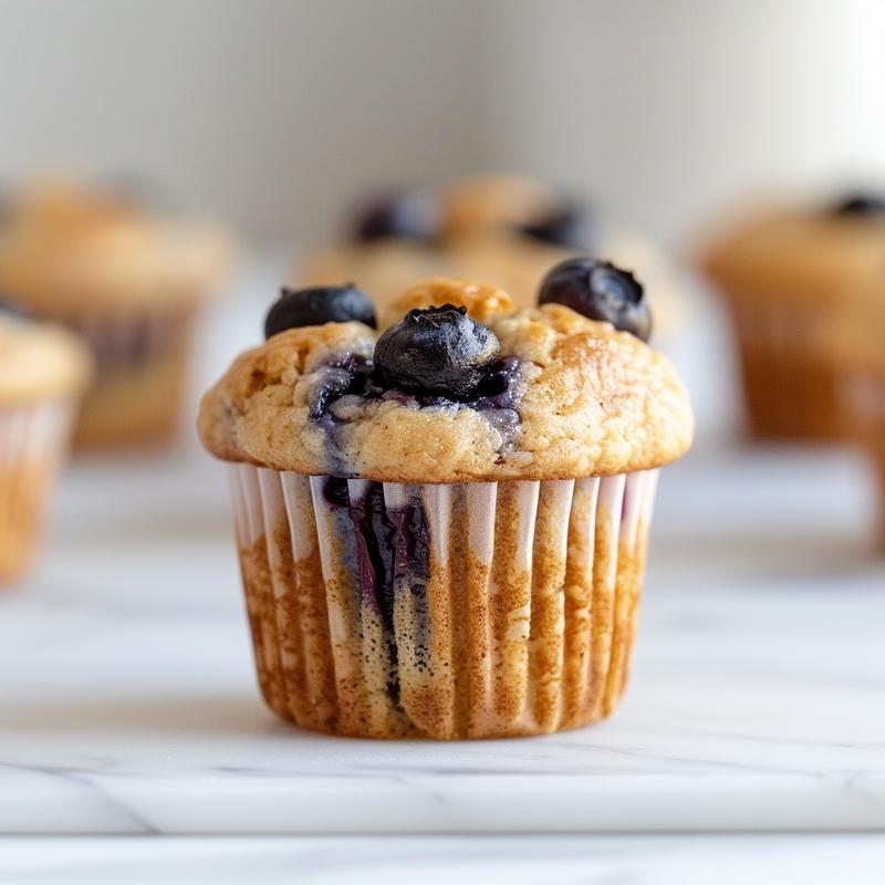 Close-up of moist blueberry muffins with a golden-brown top, showcasing a soft texture.