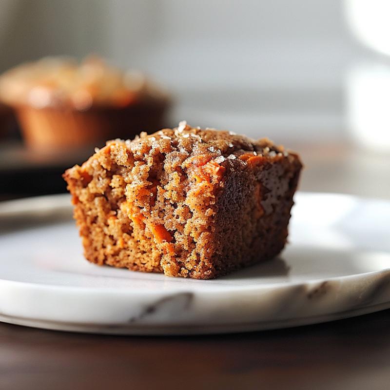 Close-up of a slice of gluten, dairy, and sugar-free carrot cake muffin on a white marble plate.