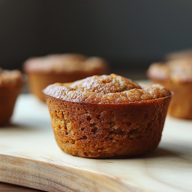 A close-up shot of sugar-free vegan banana muffins on a wooden board, showcasing their texture and baked golden tops.