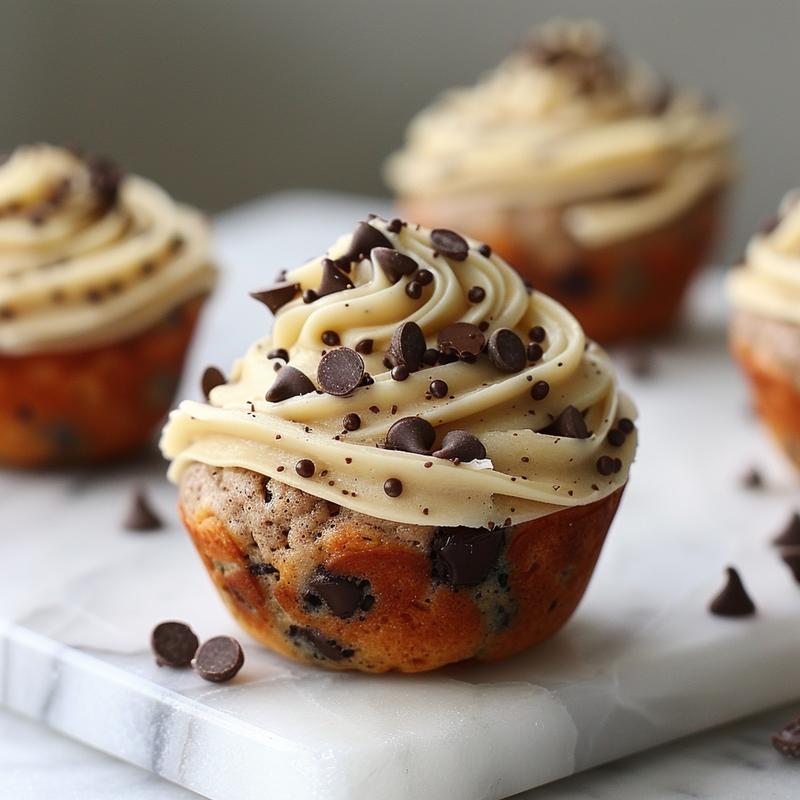 Close-up view of a moist chocolate chip dairy-free muffin on a marble surface.