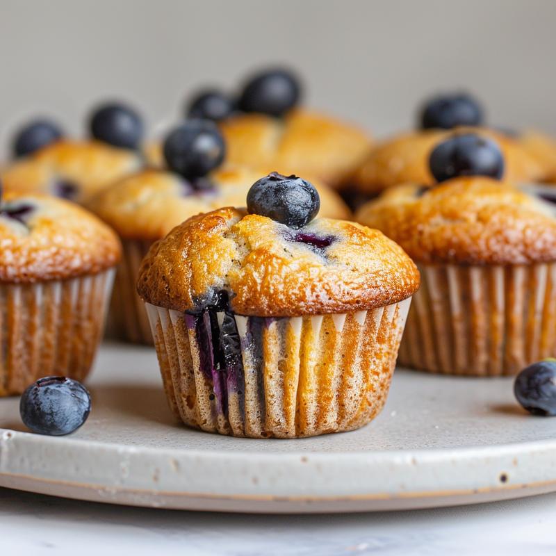 Close-up of soft blueberry muffins on a light grey plate.