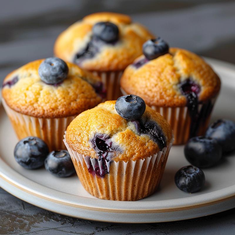 Close-up of golden-brown blueberry muffins on a light grey plate, showcasing their texture and fresh blueberries.
