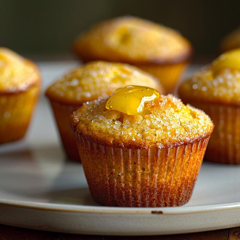 Close-up of honey butter cornbread muffins on a light grey ceramic plate.