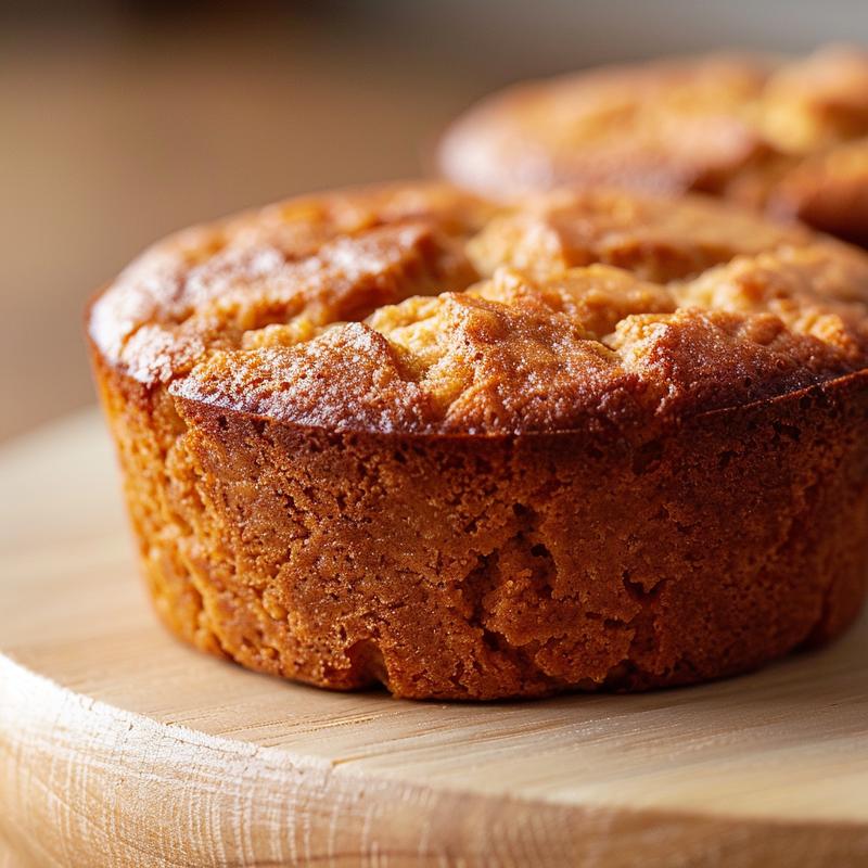 Close-up of almond flour muffins on a wooden board, highlighting their texture and golden-brown color.