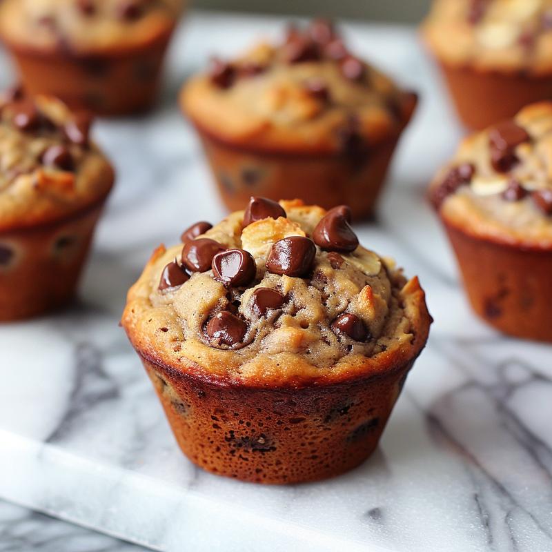 Close-up view of a moist banana chocolate chunk muffin on a white marble surface.