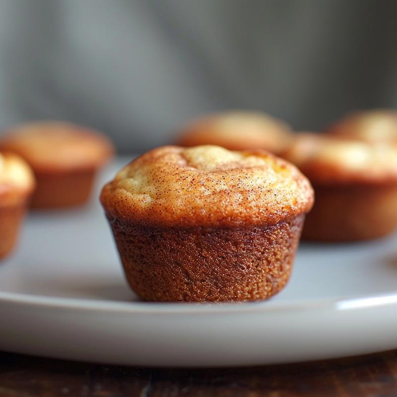 Extreme close-up of a fluffy keto snickerdoodle muffin on a simple light grey plate.