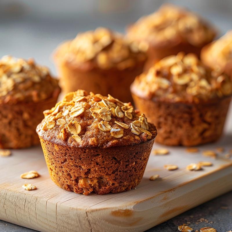 Close-up of golden brown maple oatmeal muffins on a light wood board.