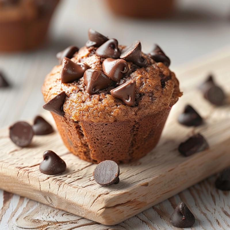 Close-up view of whole wheat chocolate chip muffins on a wooden board.