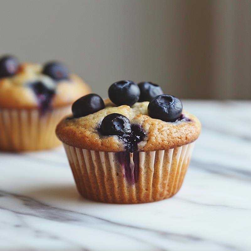 Close-up of moist blueberry muffins with a golden-brown top, showcasing a soft texture.