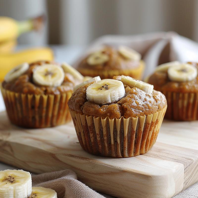 A close-up shot of sugar-free vegan banana muffins on a wooden board, showcasing their texture and baked golden tops.