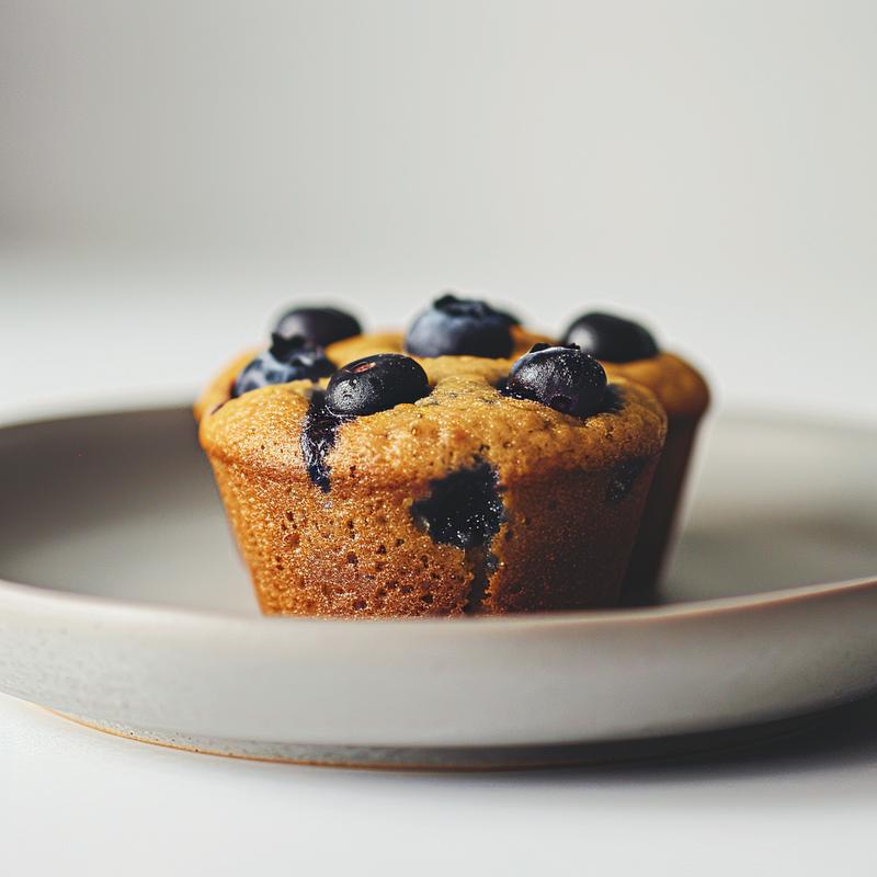 Close-up of soft blueberry muffins on a light grey plate.