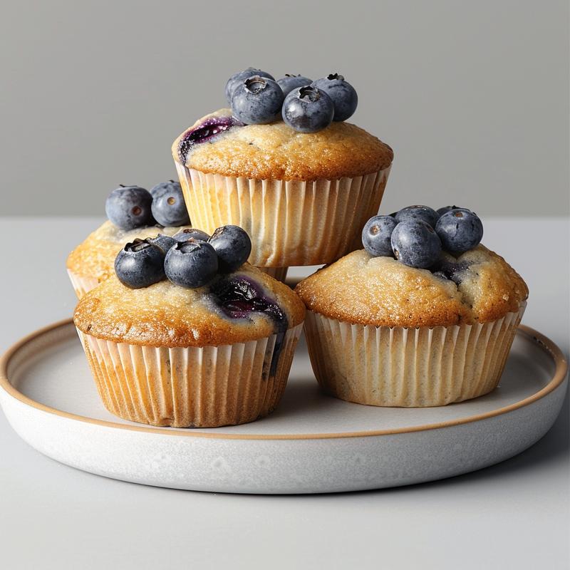 Close-up of golden-brown blueberry muffins on a light grey plate, showcasing their texture and fresh blueberries.