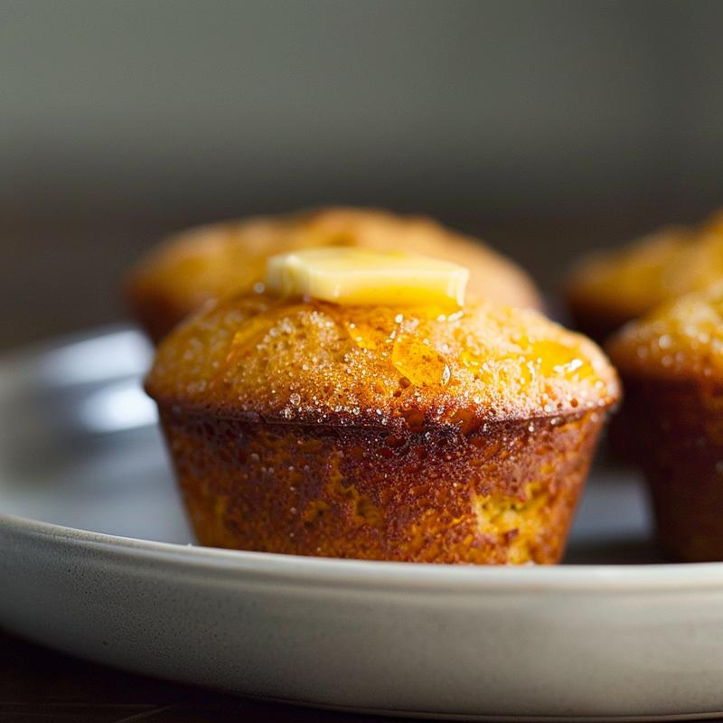 Close-up of honey butter cornbread muffins on a light grey ceramic plate.